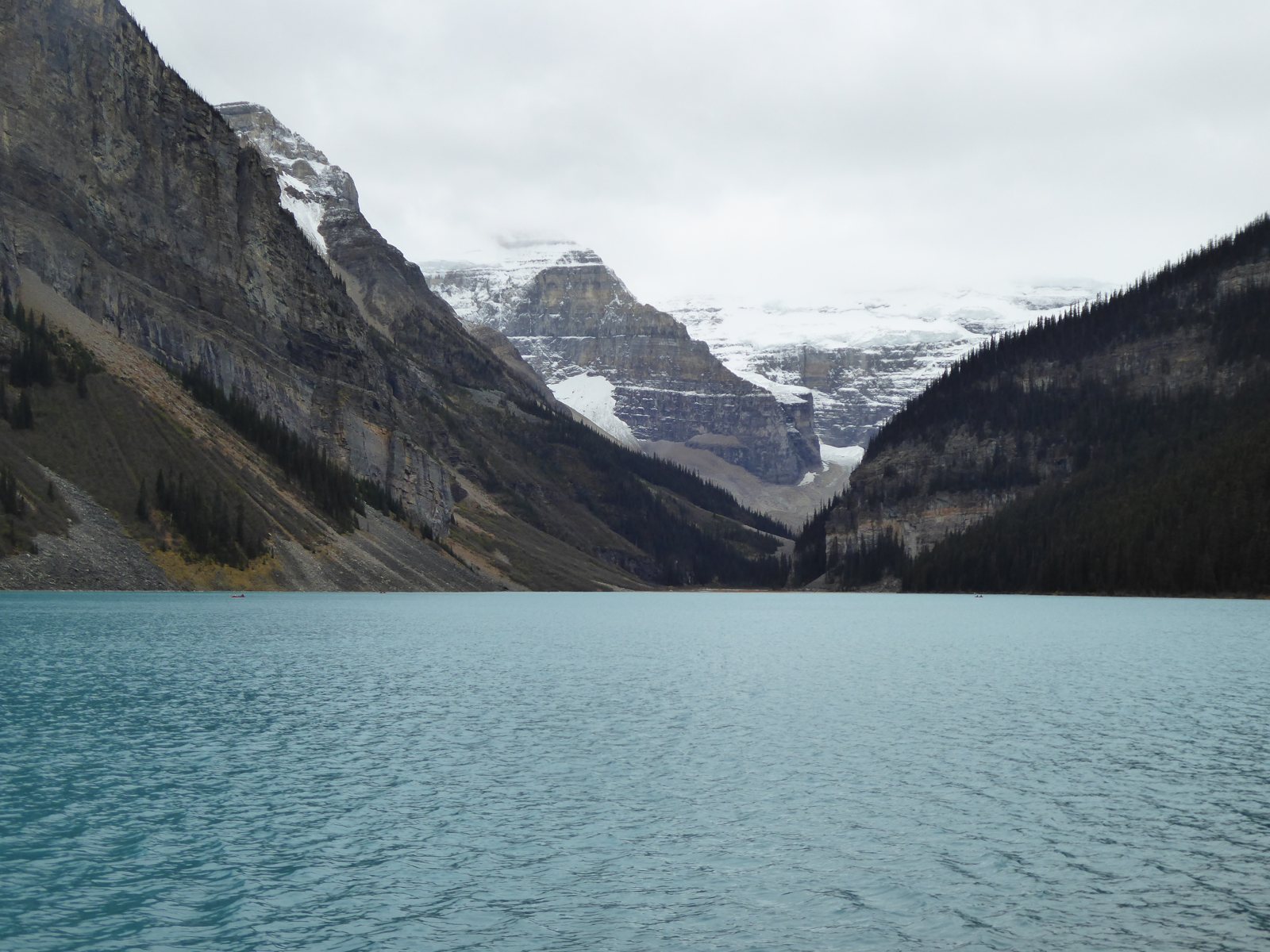 Lake Louise met beboste berghellingen en de Victoria Glacier op de achtergrond
